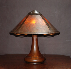 Large Early Dirk Van Erp 3 socket rivet base hammered copper and mica table lamp. Closed box signature.